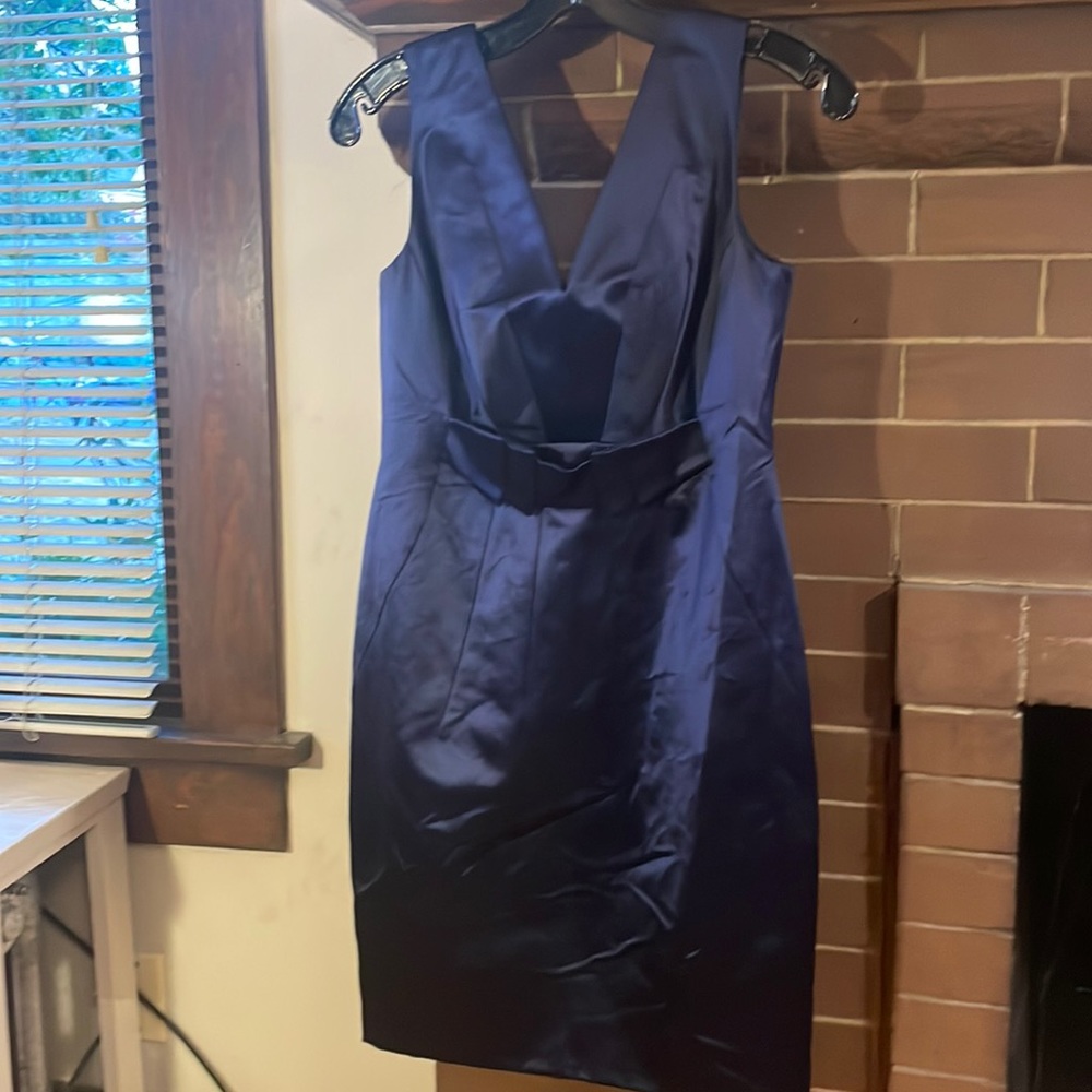 Versace. Made in Italy. Royal blue V-neck dress w/waist detail & zip closure.